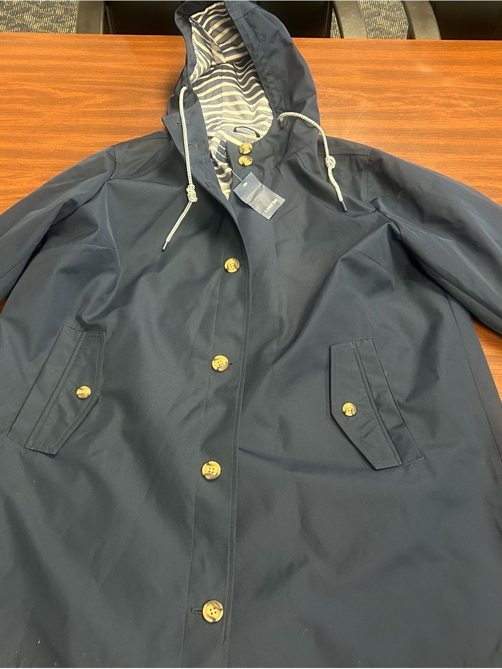 Lands End Womens Navy Blue Button Front Rain Jacket Hooded Nautical Size 2X  NWT